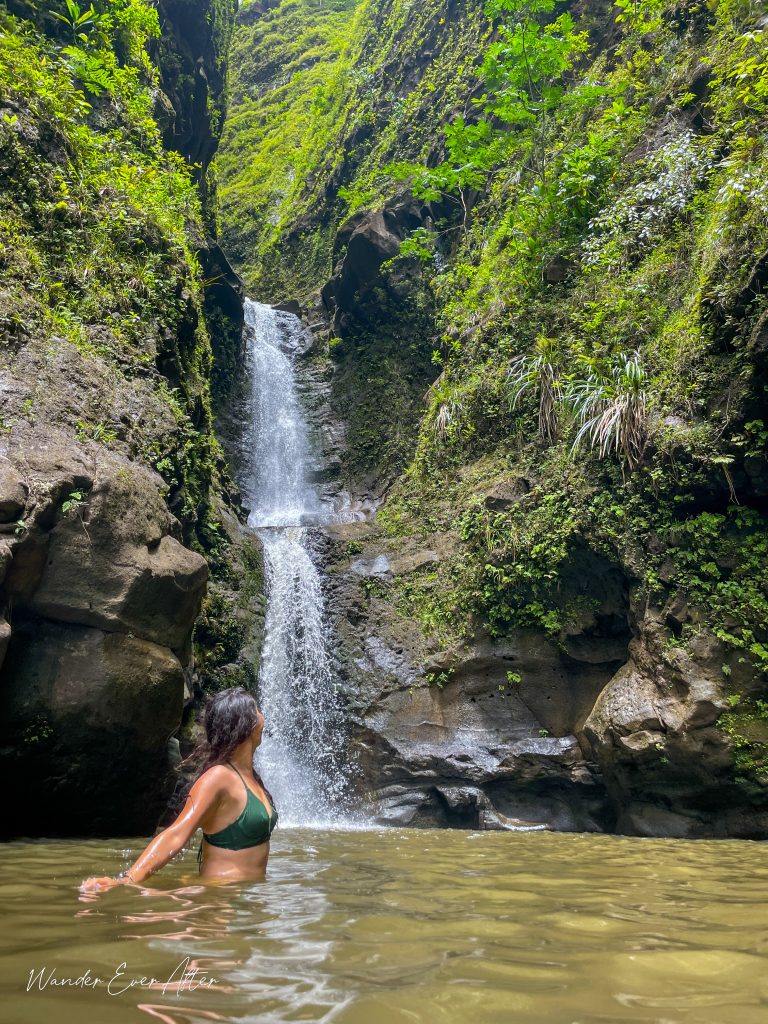 Admiring the waterfall at Makaleha Falls, Kauai